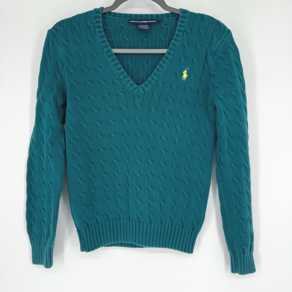 Vintage Ralph Lauren Sport Teal Green Cable Knit V-Neck Cotton Sweater Pony L